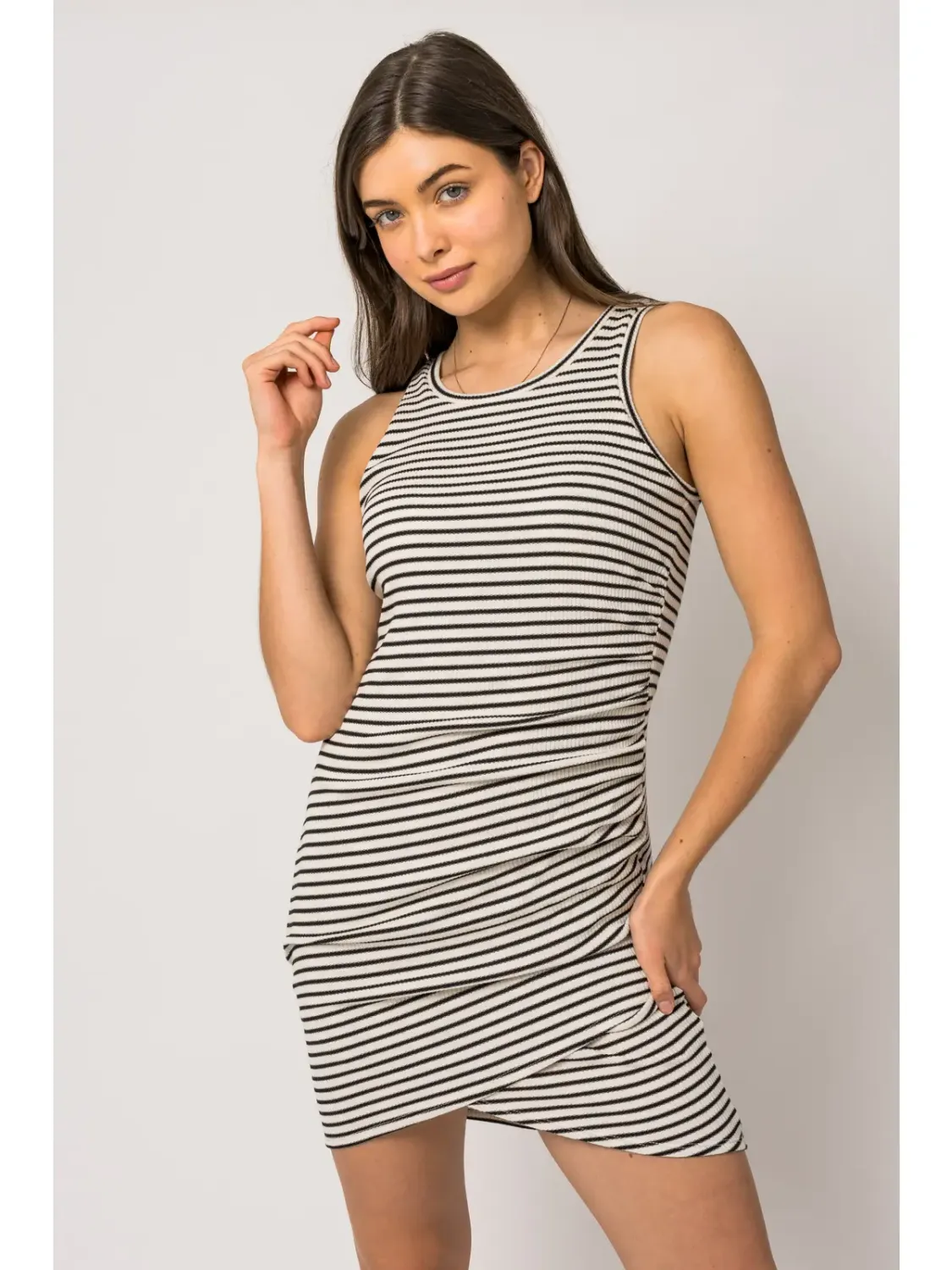 Black Striped Sleeveless Side Shirring Mini Dress