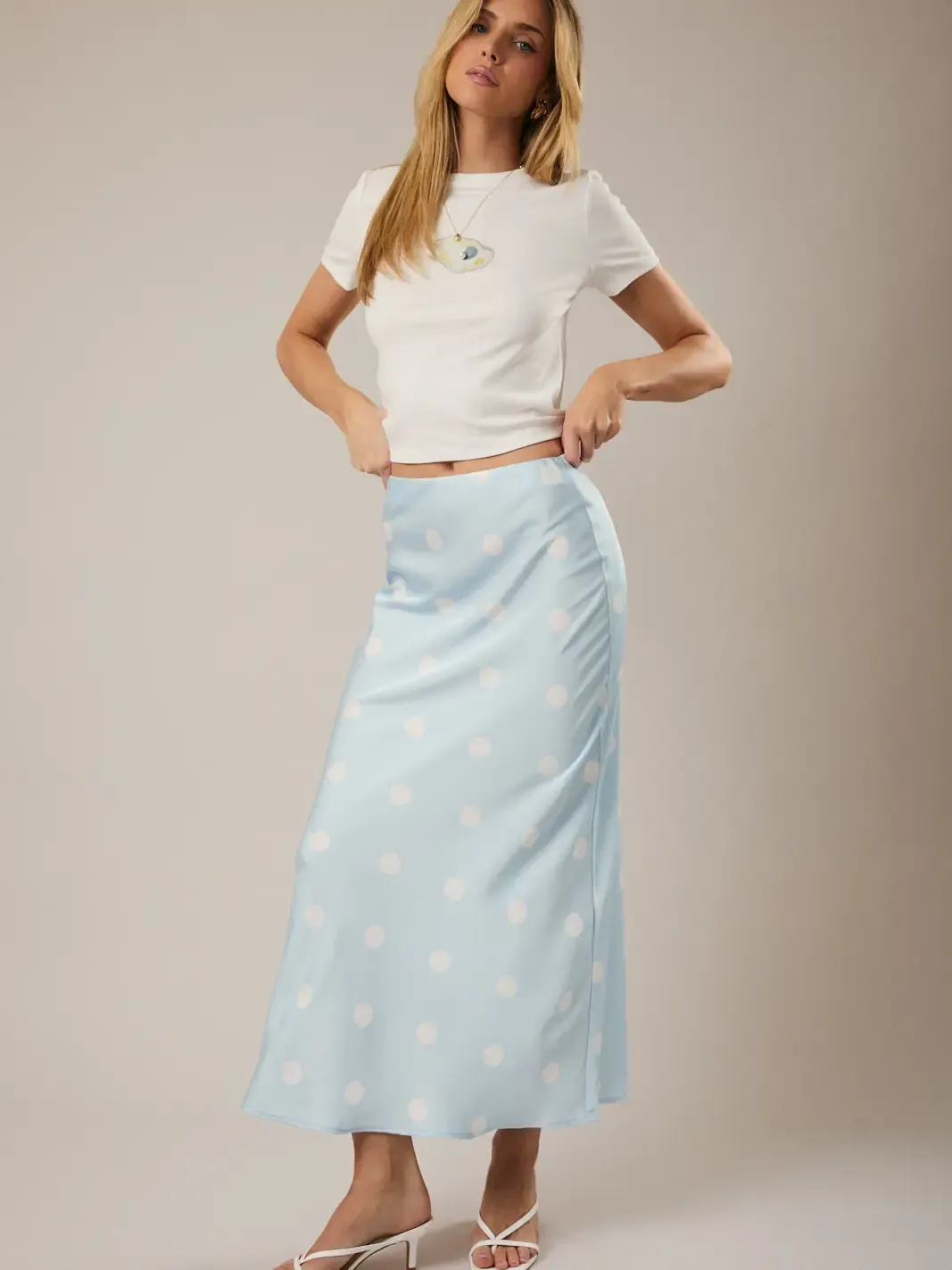 Blue Polka Dot Satin Midi Skirt with Elastic Waist