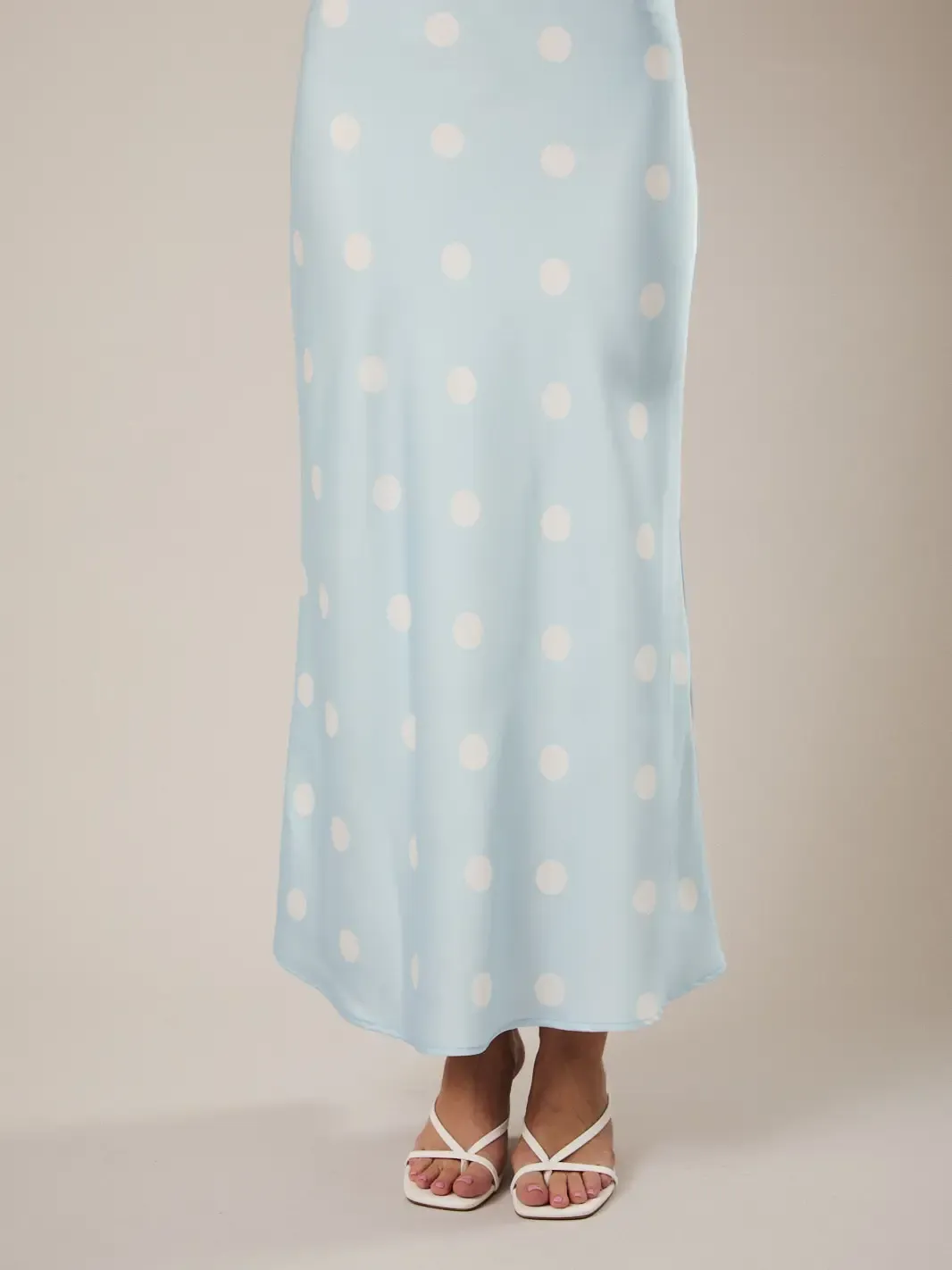 Blue Polka Dot Satin Midi Skirt with Elastic Waist