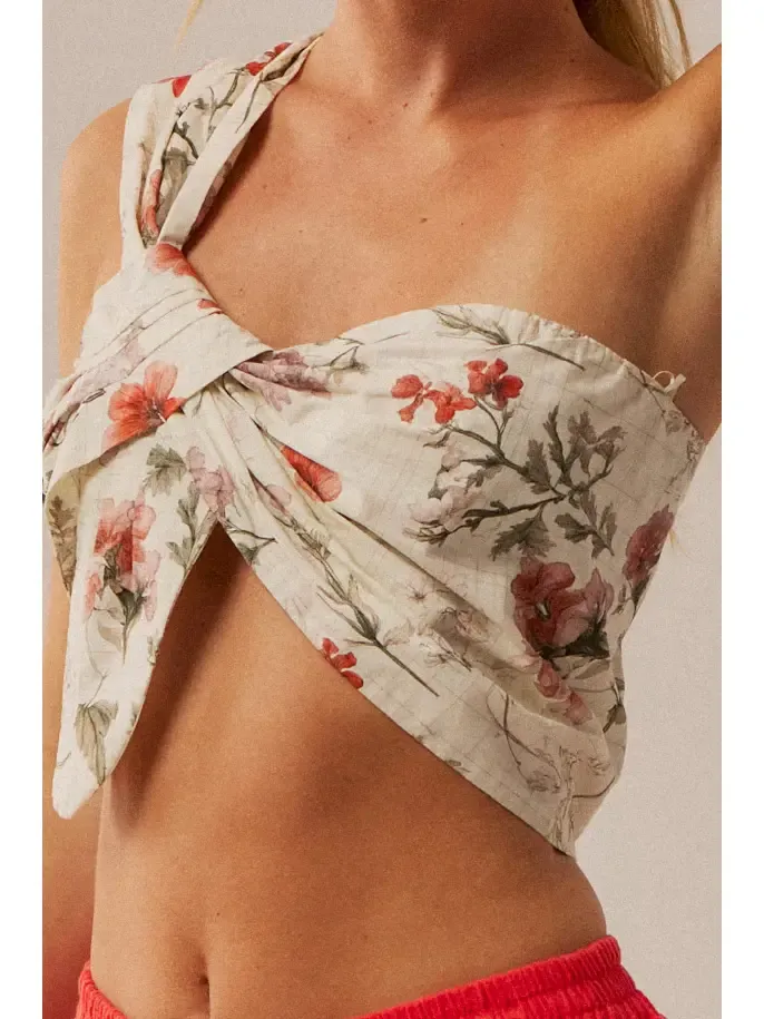 Floral Check-Print One-Shoulder Tied-Front Bandeau