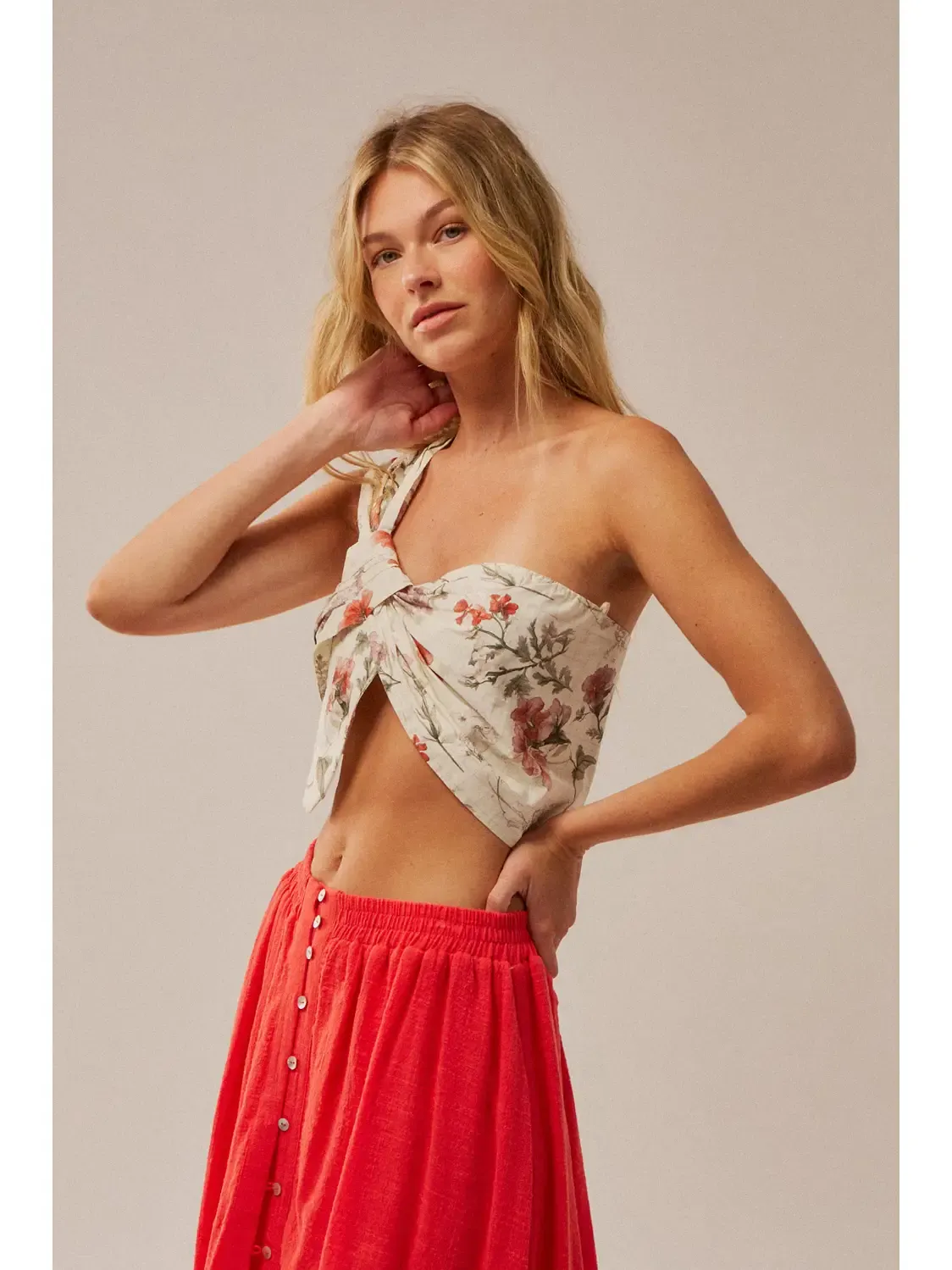 Floral Check-Print One-Shoulder Tied-Front Bandeau