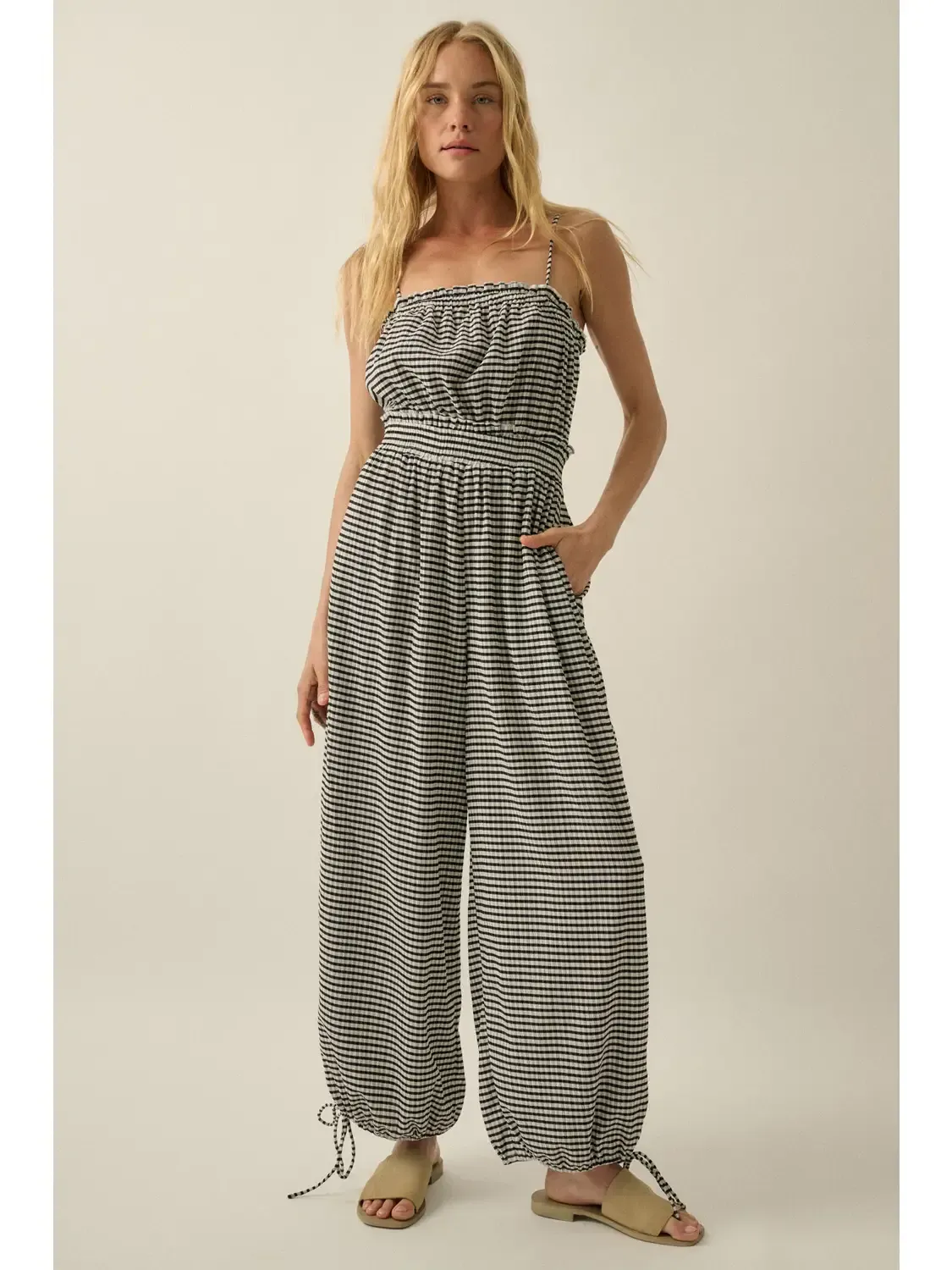Gingham Plaid Open-Back Bubble-Leg Cami Jumpsuit