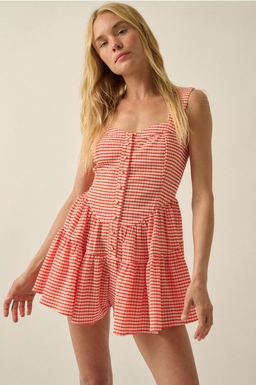 Gingham Fit-And-Flare Tiered Ruffle Romper