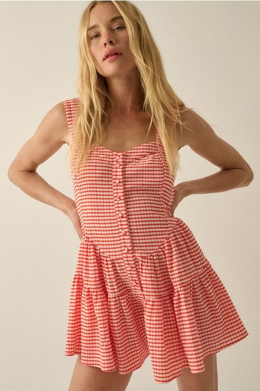 Gingham Fit-And-Flare Tiered Ruffle Romper