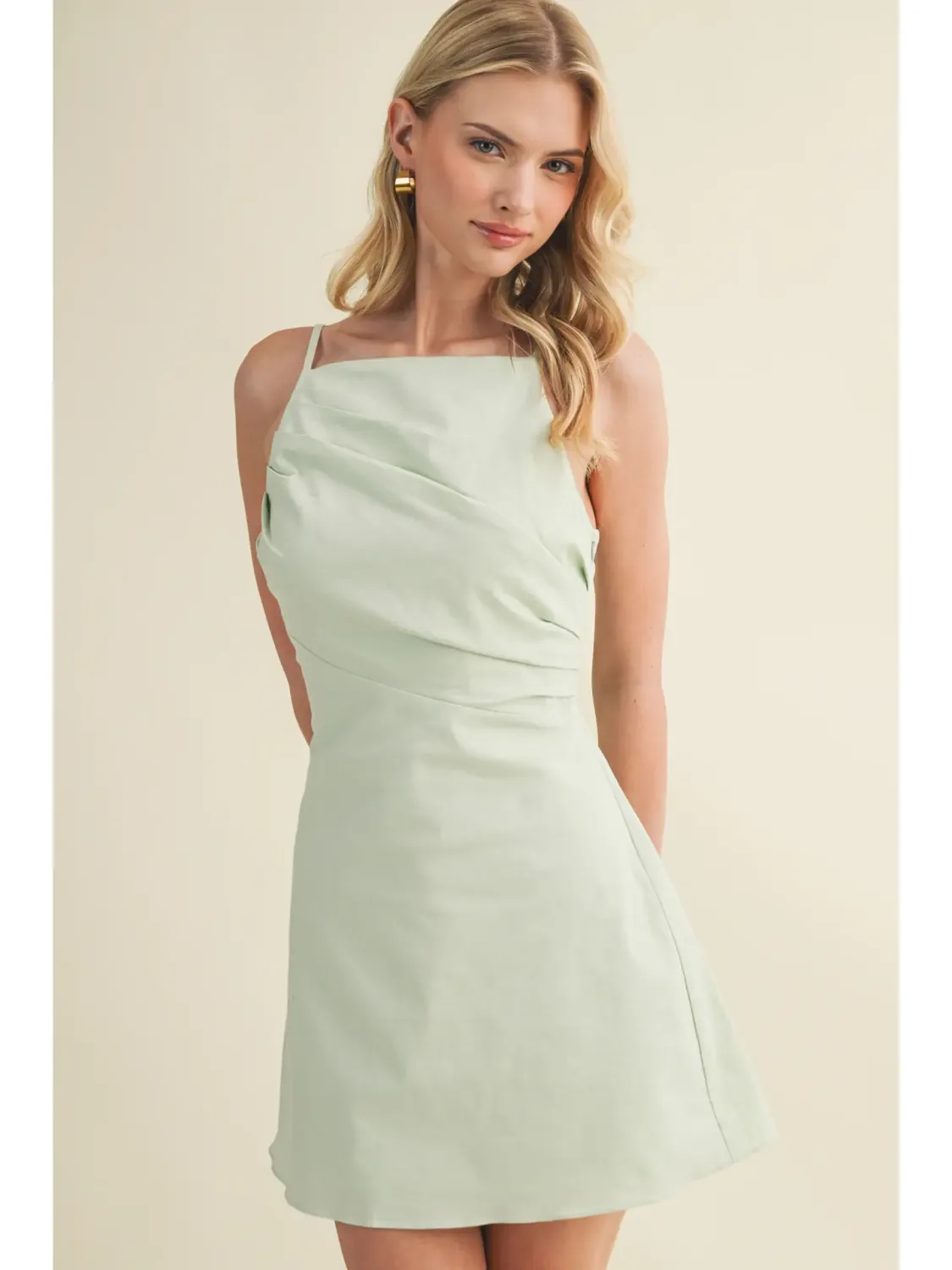 Mint Asymmetrical Draped Square Neck Mini Dress