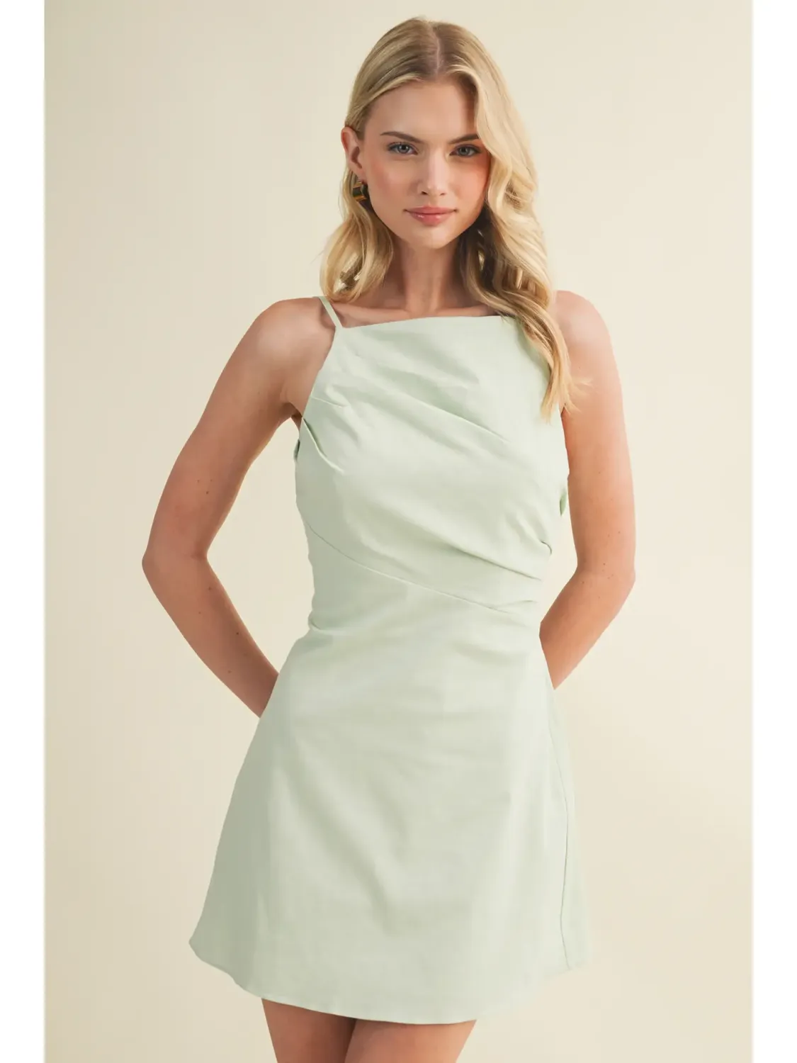 Mint Asymmetrical Draped Square Neck Mini Dress