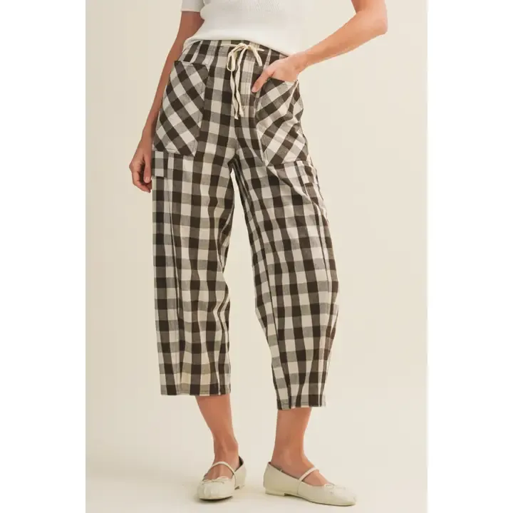 Brown Drawstring Patch Pocket Gingham Trousers
