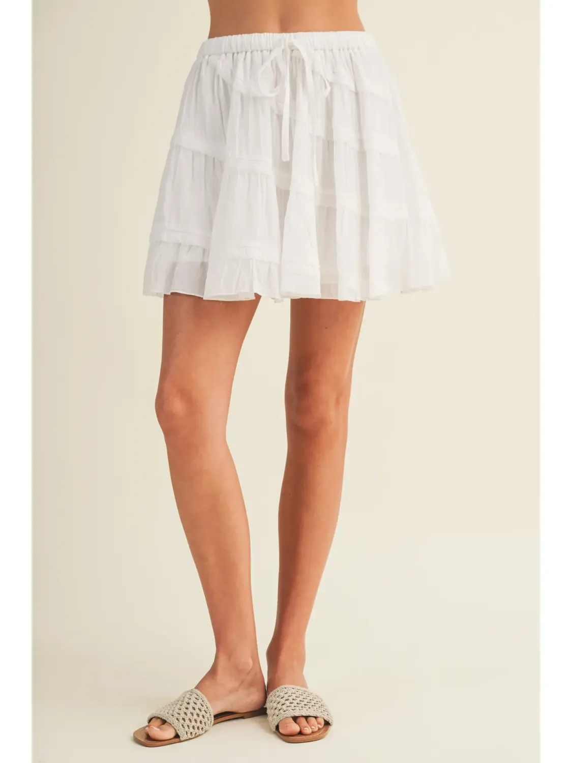 White Drawstring Waist Tiered Voile Skort