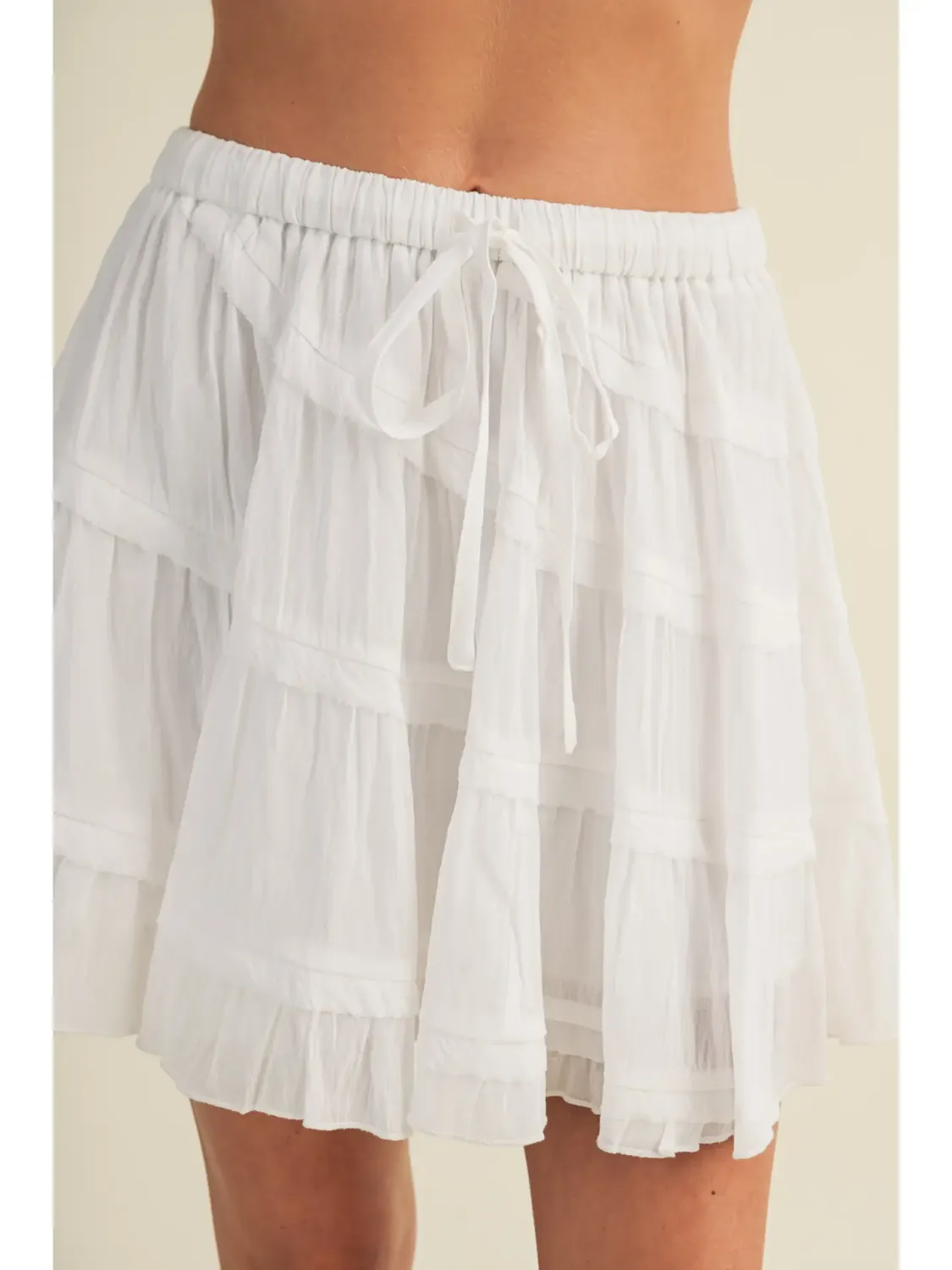 White Drawstring Waist Tiered Voile Skort