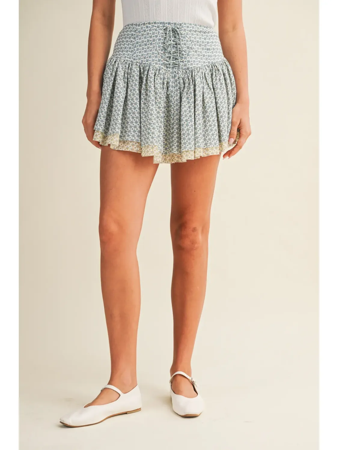 Blue Lace-Up Yoke Tiered Ruffle Skirt