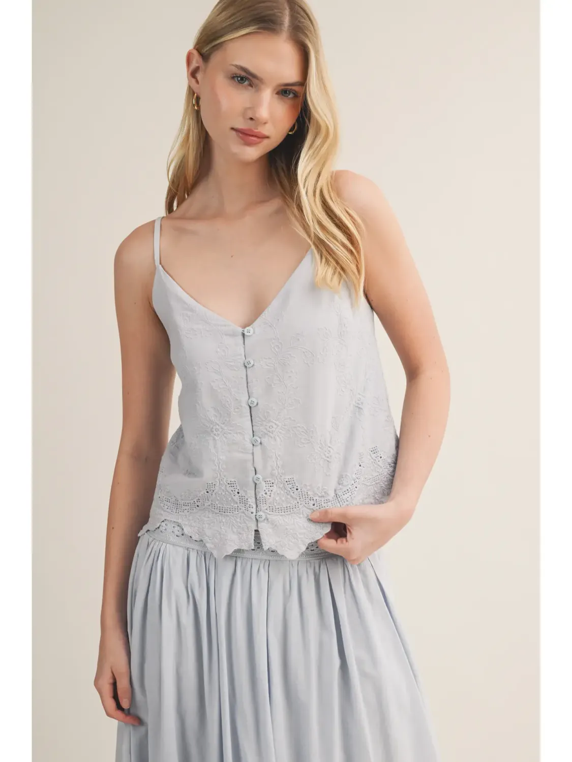 Light Blue V-Neck Eyelet Embroidered Button Cami