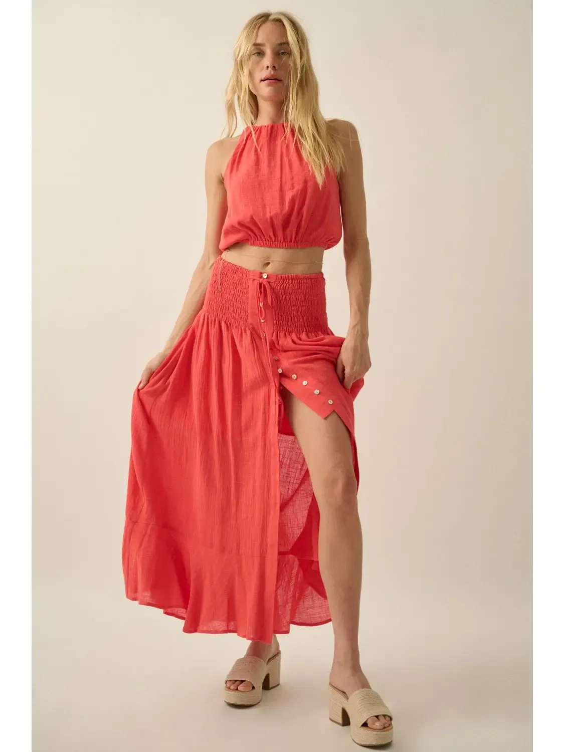 Red Gauze Smocked-Drop Waist Button Maxi Skirt