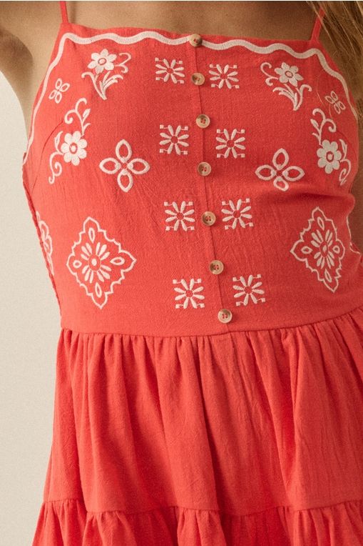 Red Floral-Embroidered Tiered Ruffle Cami Romper