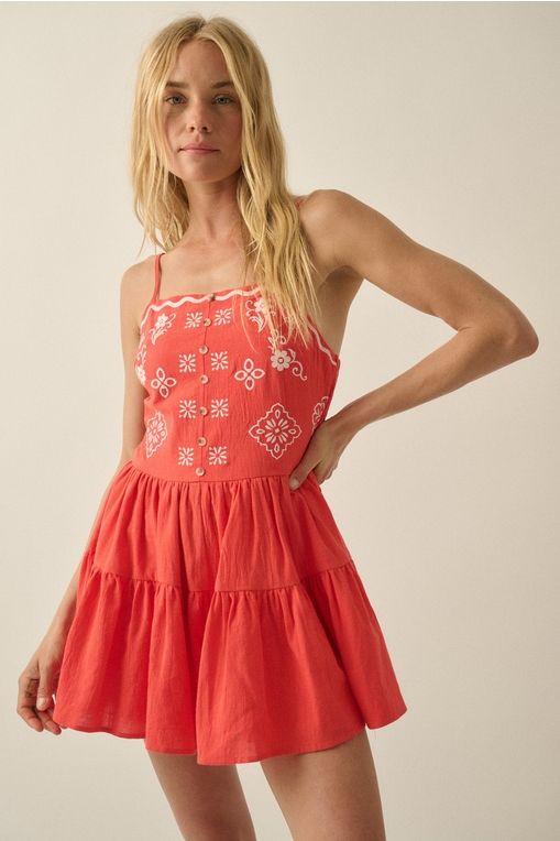 Red Floral-Embroidered Tiered Ruffle Cami Romper