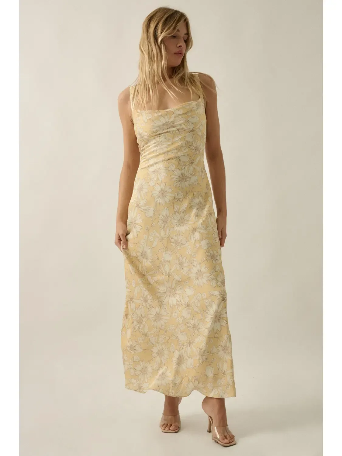 Floral-Print Satin Open-Back Lace-Up Maxi Dress