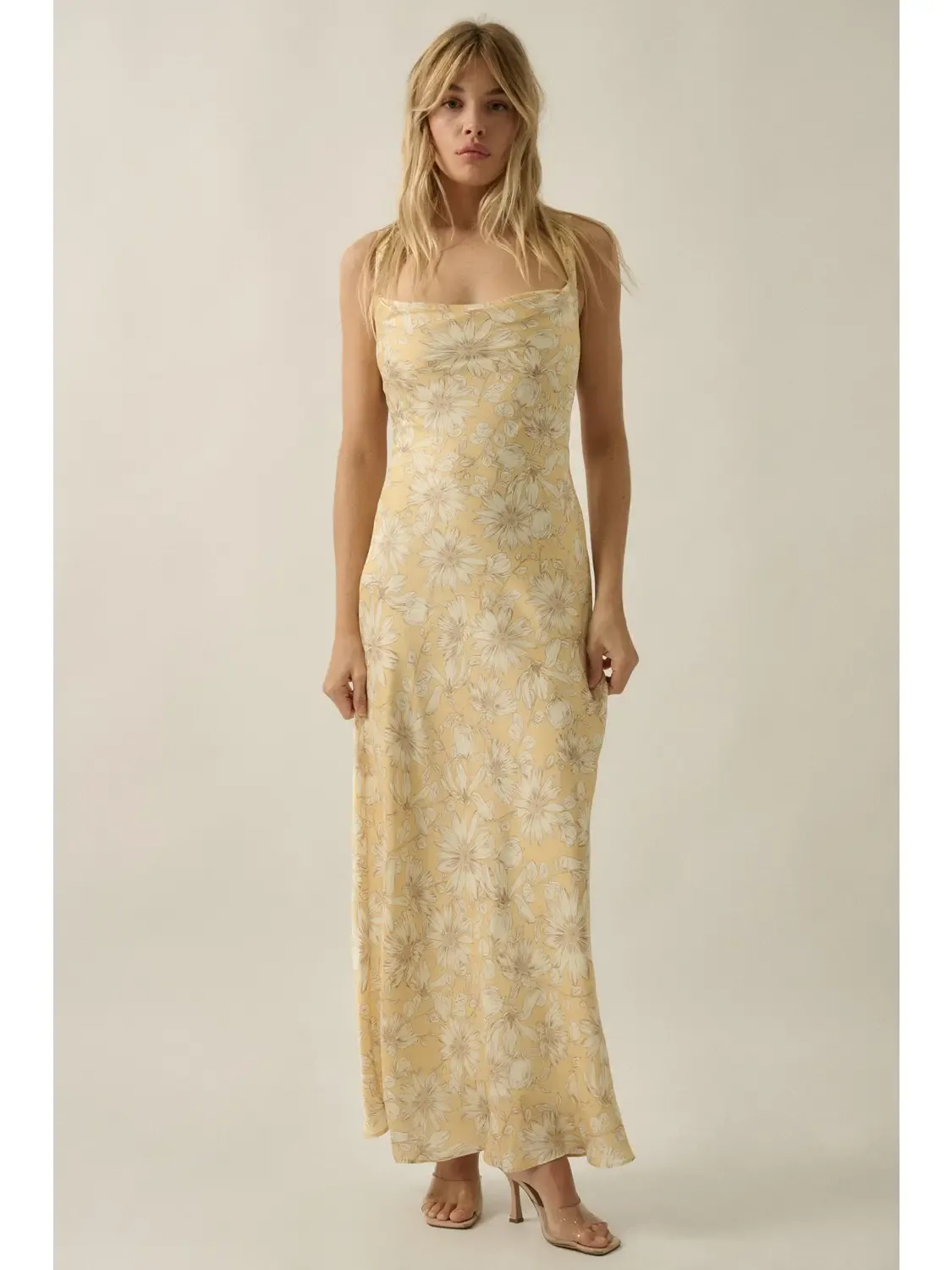 Floral-Print Satin Open-Back Lace-Up Maxi Dress