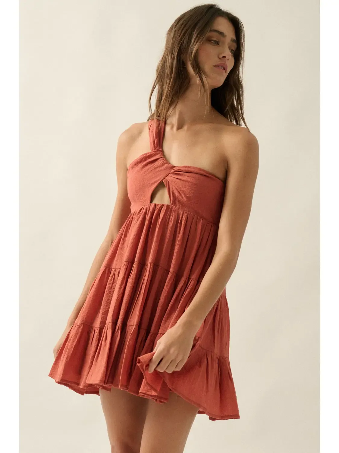 Jacquard One-Shoulder Tiered Keyhole Dress