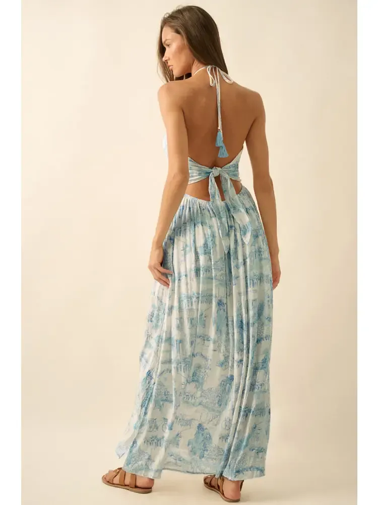 Scenic-Print Toile Tie-Back Halter Maxi Dress