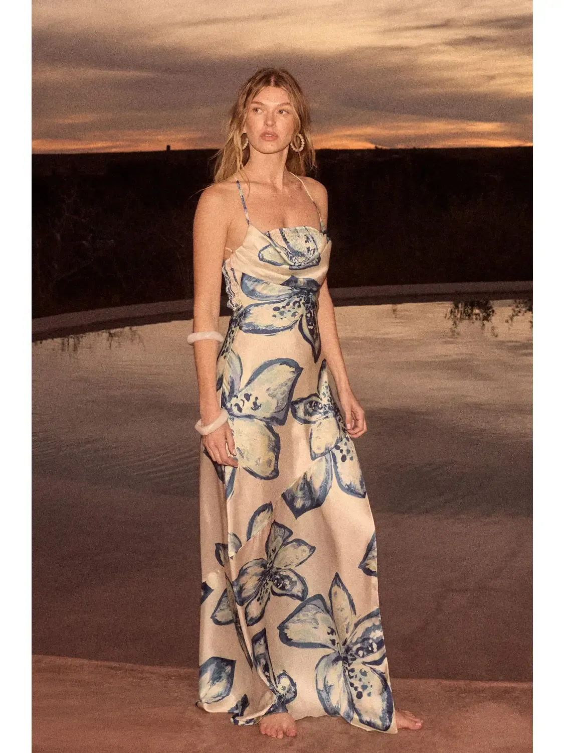 Floral-Print Satin Halter Cowl-Neck Maxi Dress