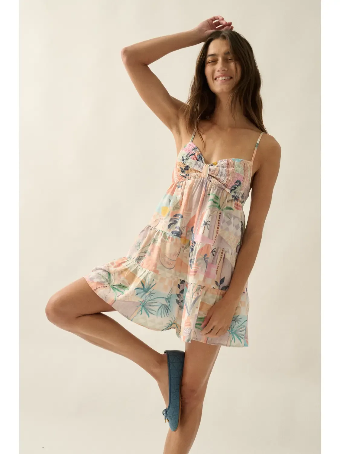 Tropical-Print Smocked Tiered Babydoll Romper