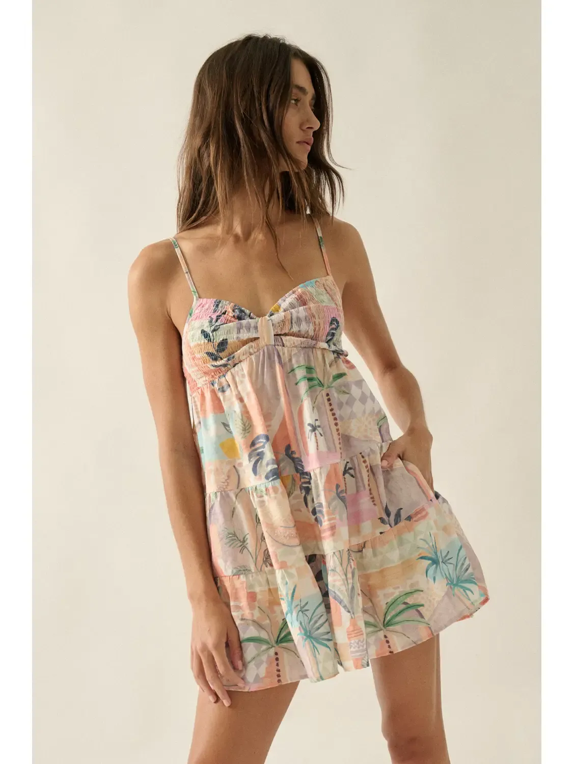 Tropical-Print Smocked Tiered Babydoll Romper