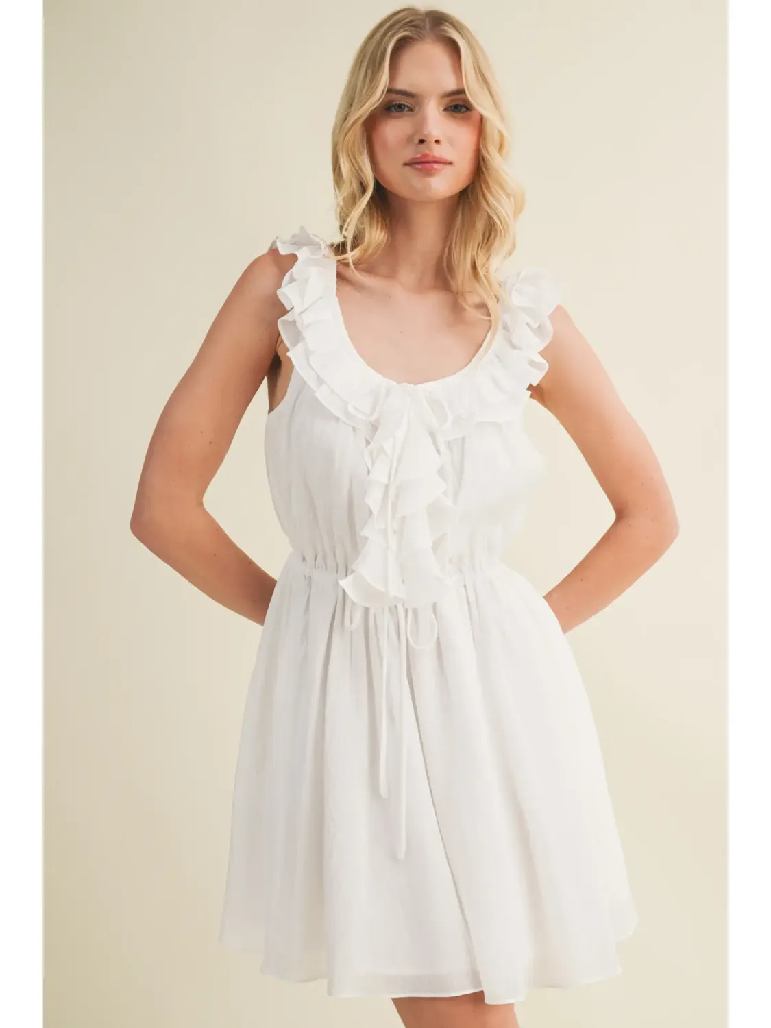 White Cascading Ruffle Drawstring Waist Dress