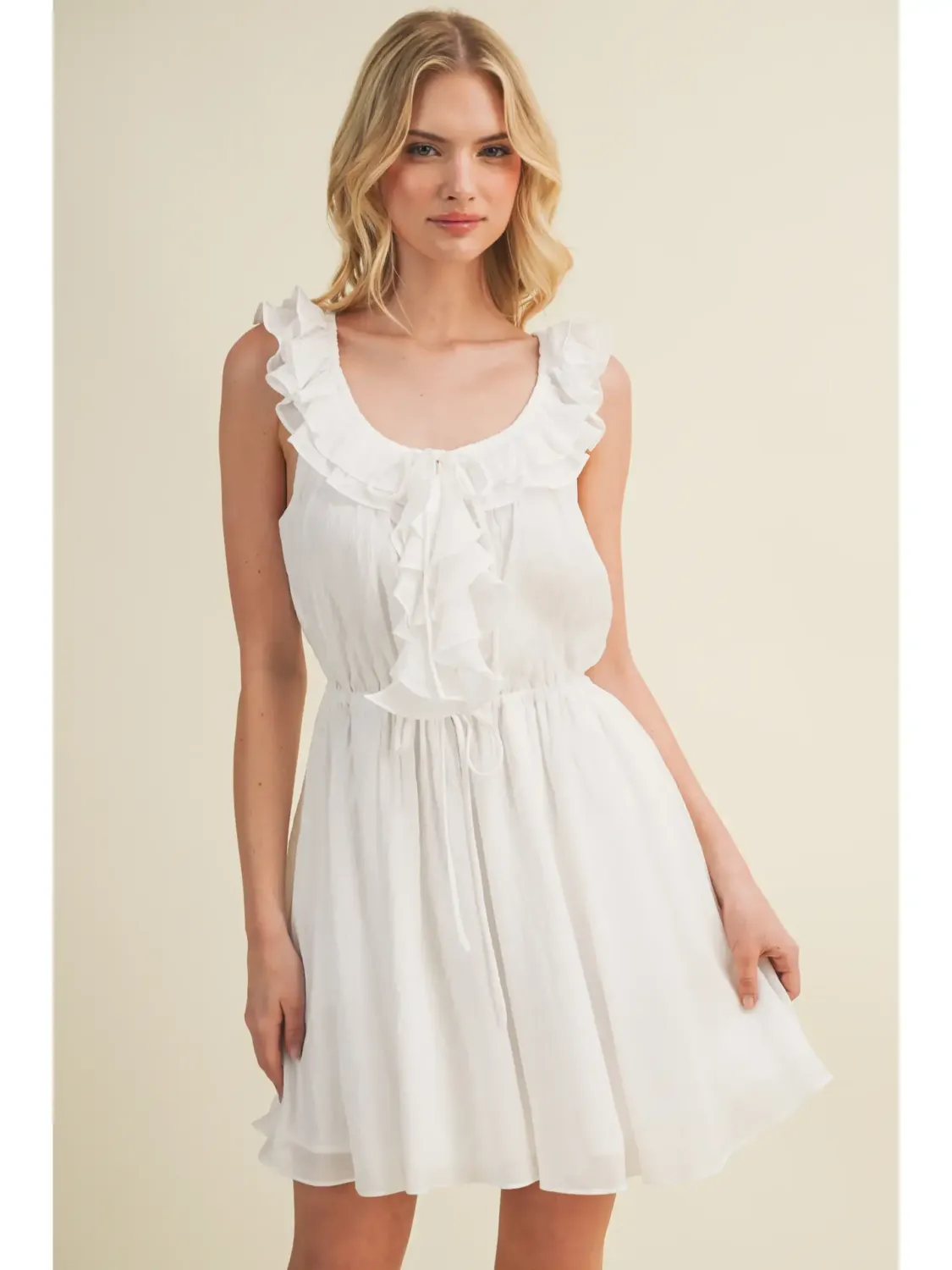 White Cascading Ruffle Drawstring Waist Dress
