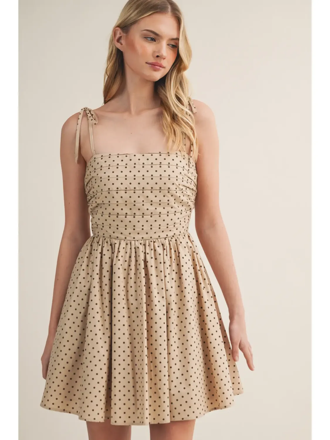 Latte Polka Dot Bodice Tie Shoulder Mini Dress