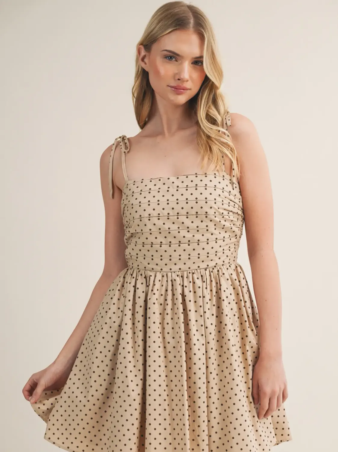 Latte Polka Dot Bodice Tie Shoulder Mini Dress