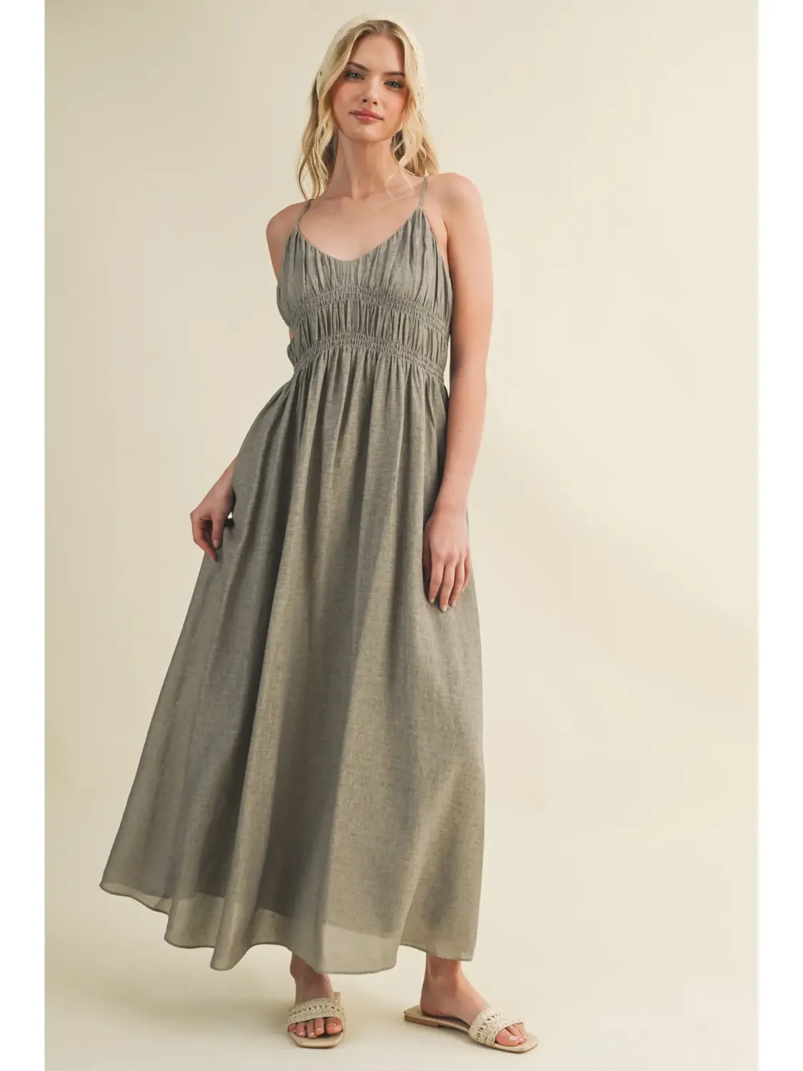 Olive Shirred Bodice Spaghetti Strap Maxi Dress