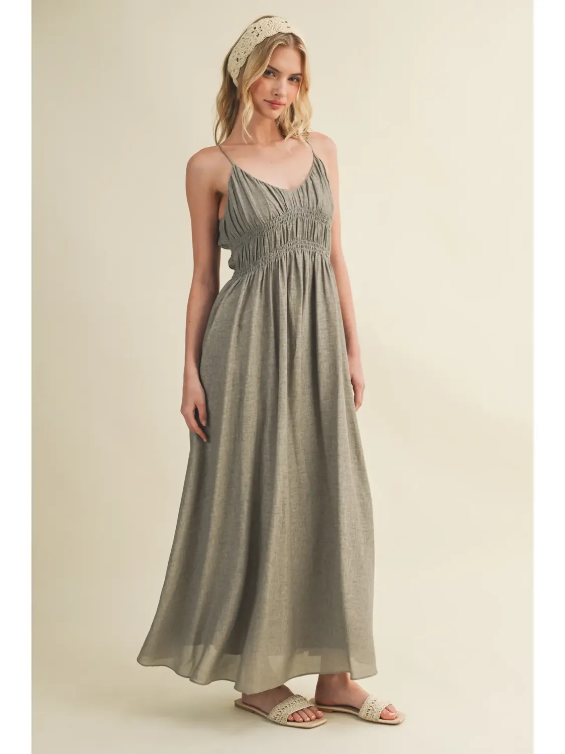 Olive Shirred Bodice Spaghetti Strap Maxi Dress