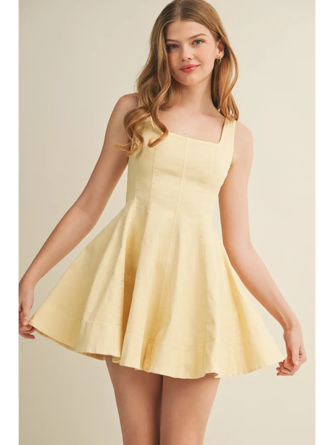 Yellow Structured Square Neck Flared Mini Dress