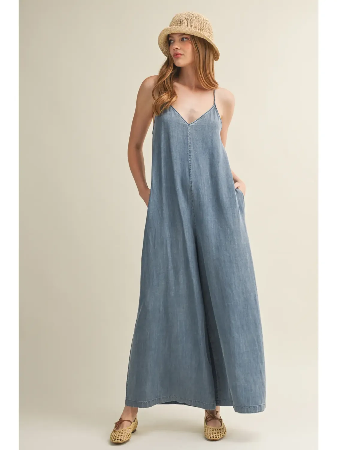 Denim V-Neck Cami Washed Wide-Leg Jumpsuit