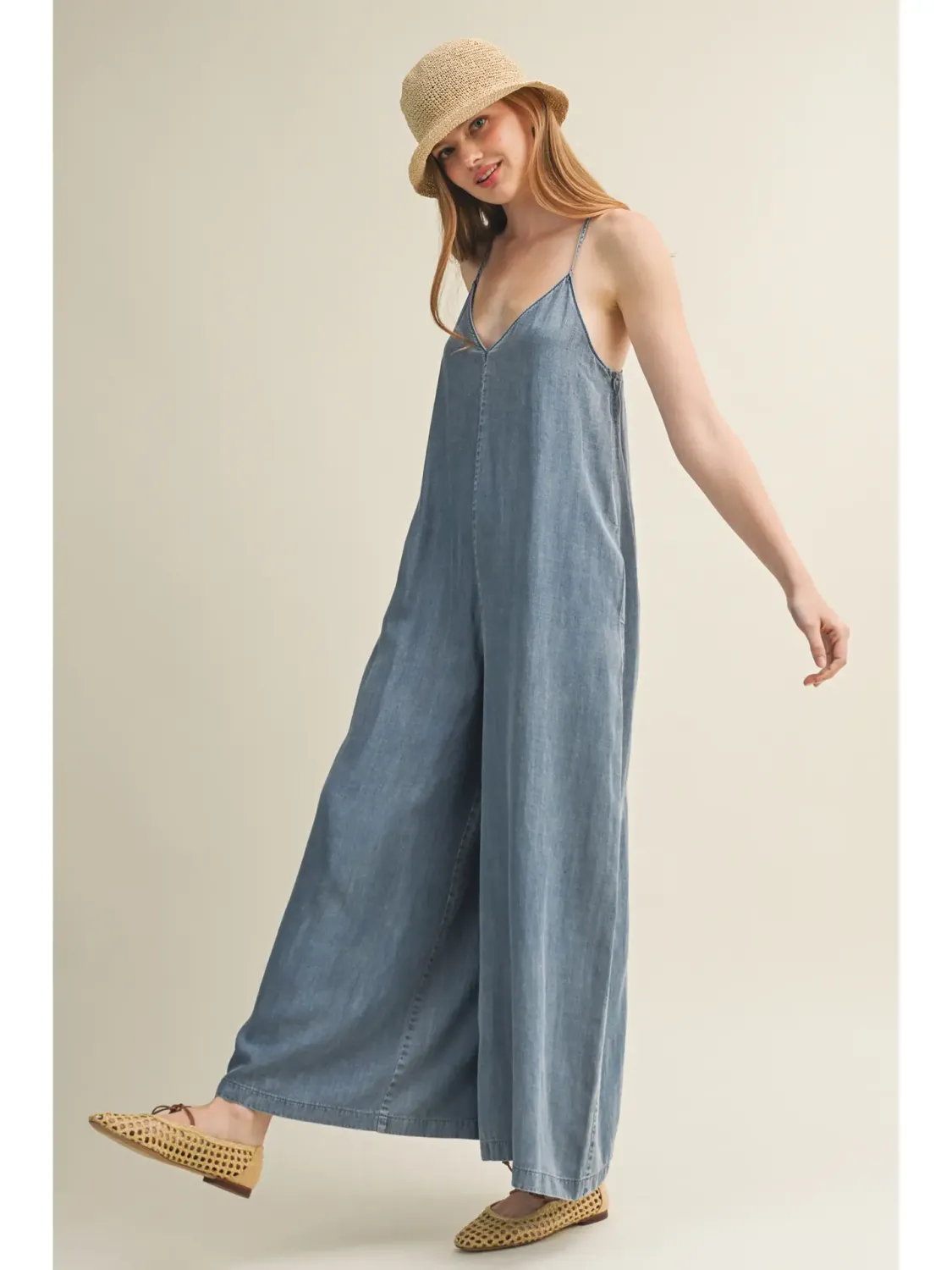 Denim V-Neck Cami Washed Wide-Leg Jumpsuit