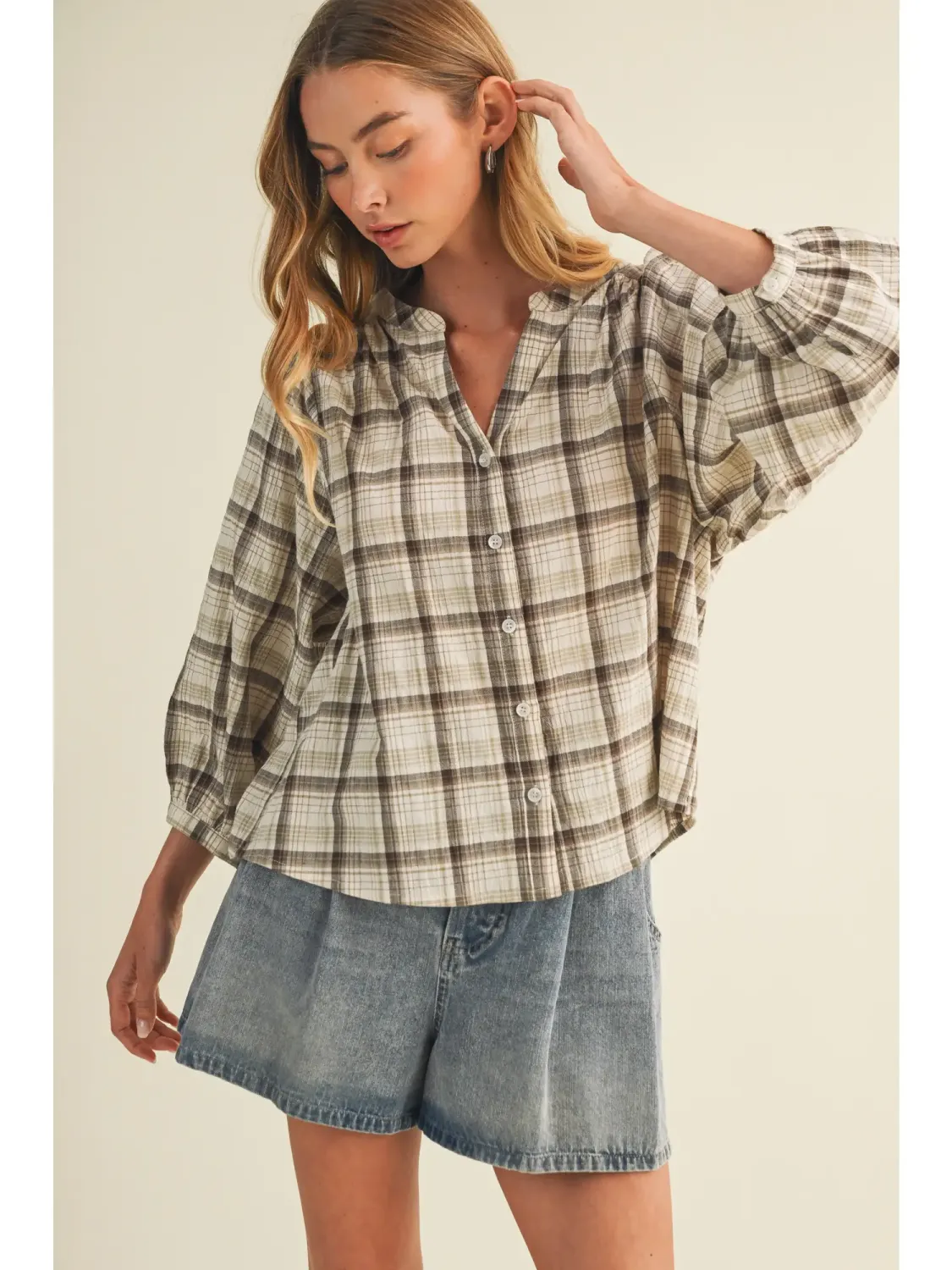 Brown V-Neck Shirred Yoke Plaid Blouse