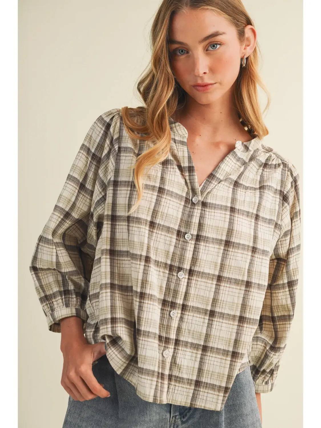  Brown V-Neck Shirred Yoke Plaid Blouse