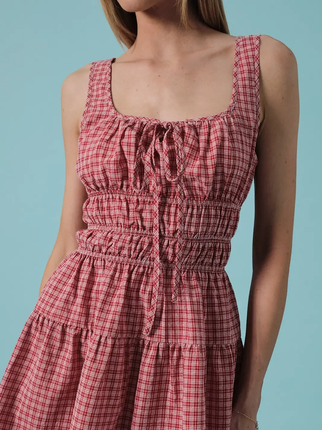 Red Checkered Tiered Cinched Waist Mini Dress