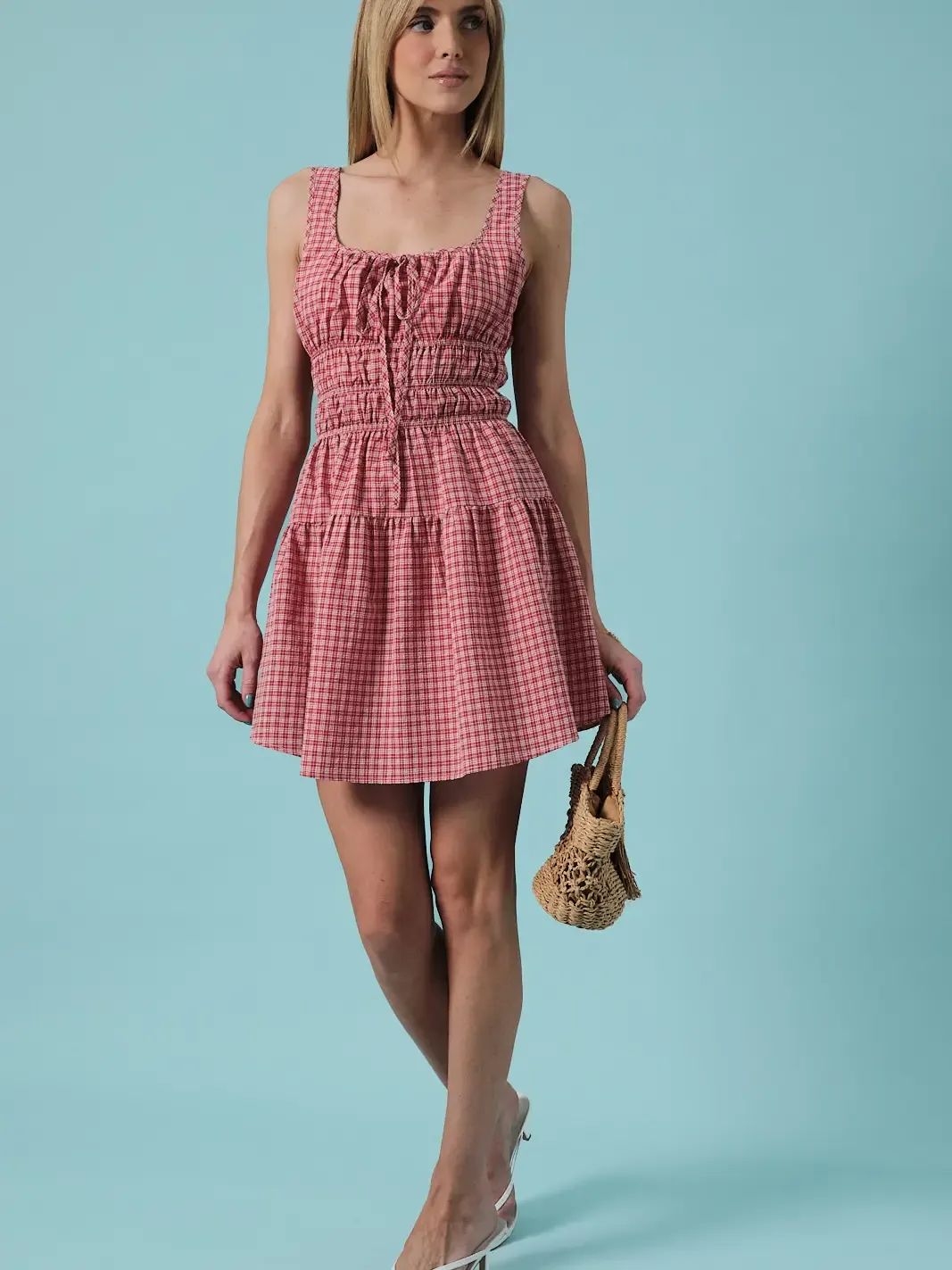 Red Checkered Tiered Cinched Waist Mini Dress 