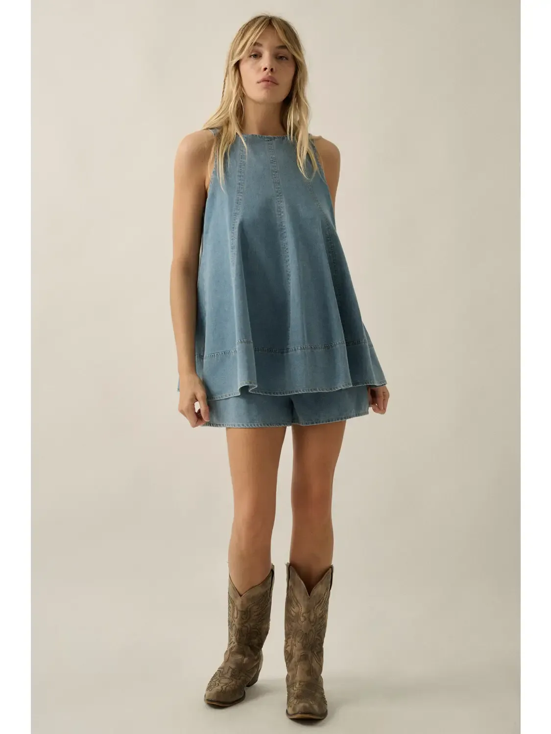 Denim Layered A-Line Sleeveless Romper