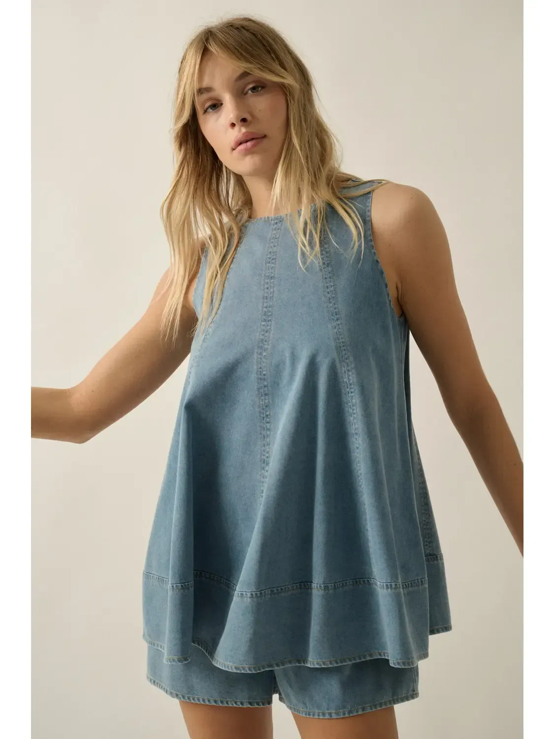 Denim Layered A-Line Sleeveless Romper