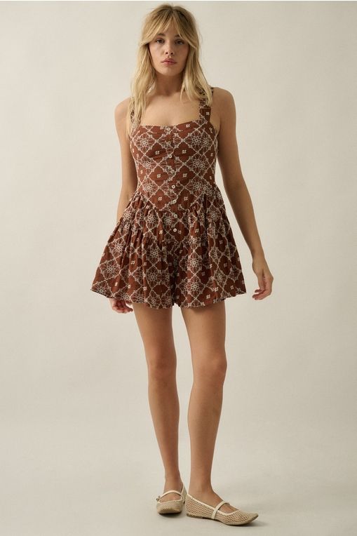 Floral-Embroidered Tiered-Ruffle Corset Romper
