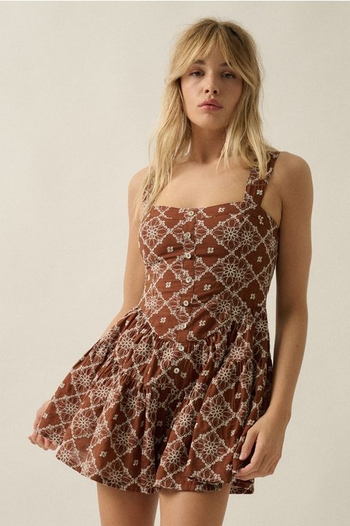 Floral-Embroidered Tiered-Ruffle Corset Romper