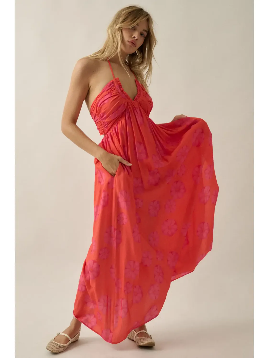 Gauze Floral-Print Tie-Back Halter Maxi Dress