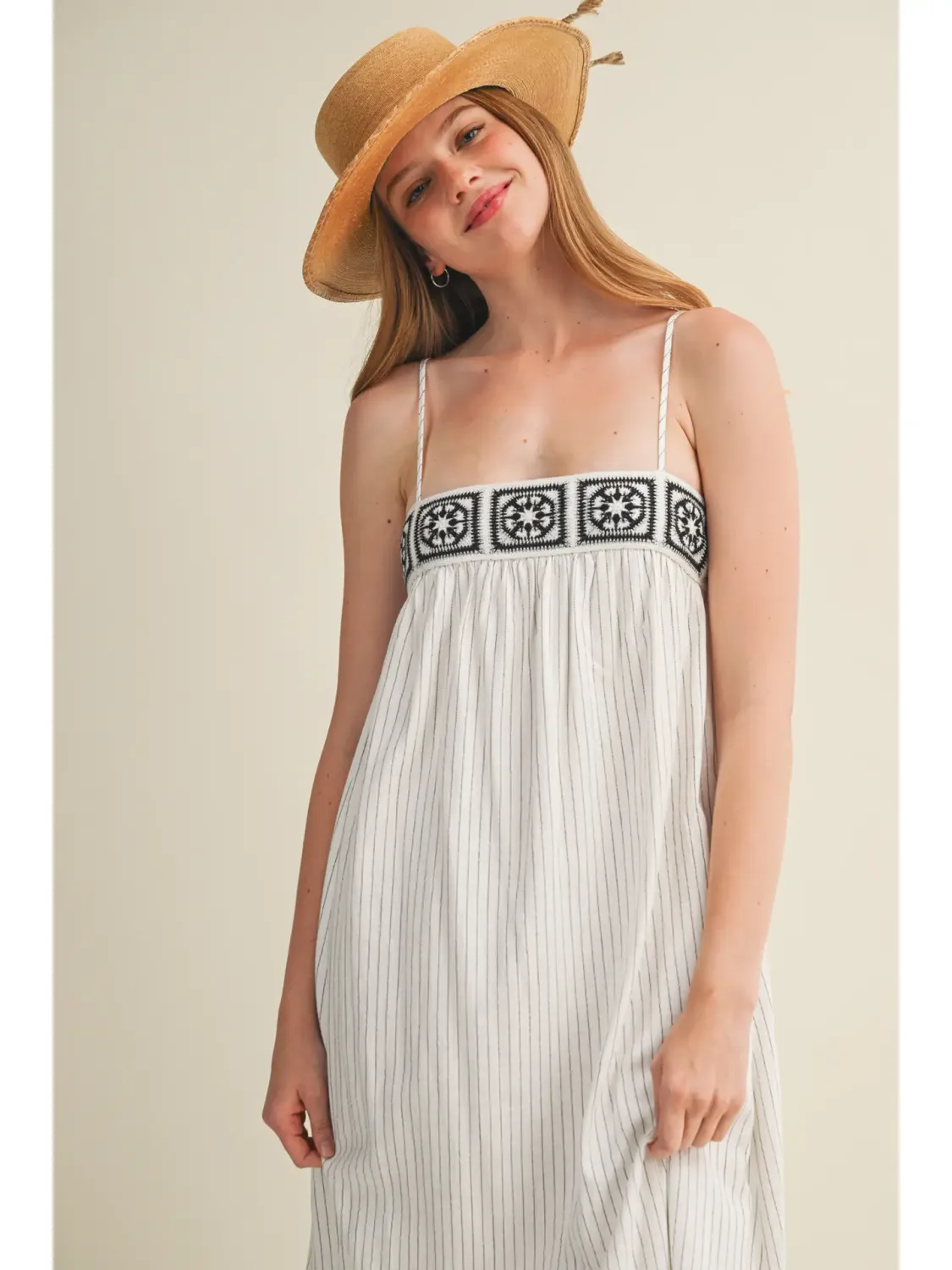 White Geometric Crochet Bodice Pinstripe Dress
