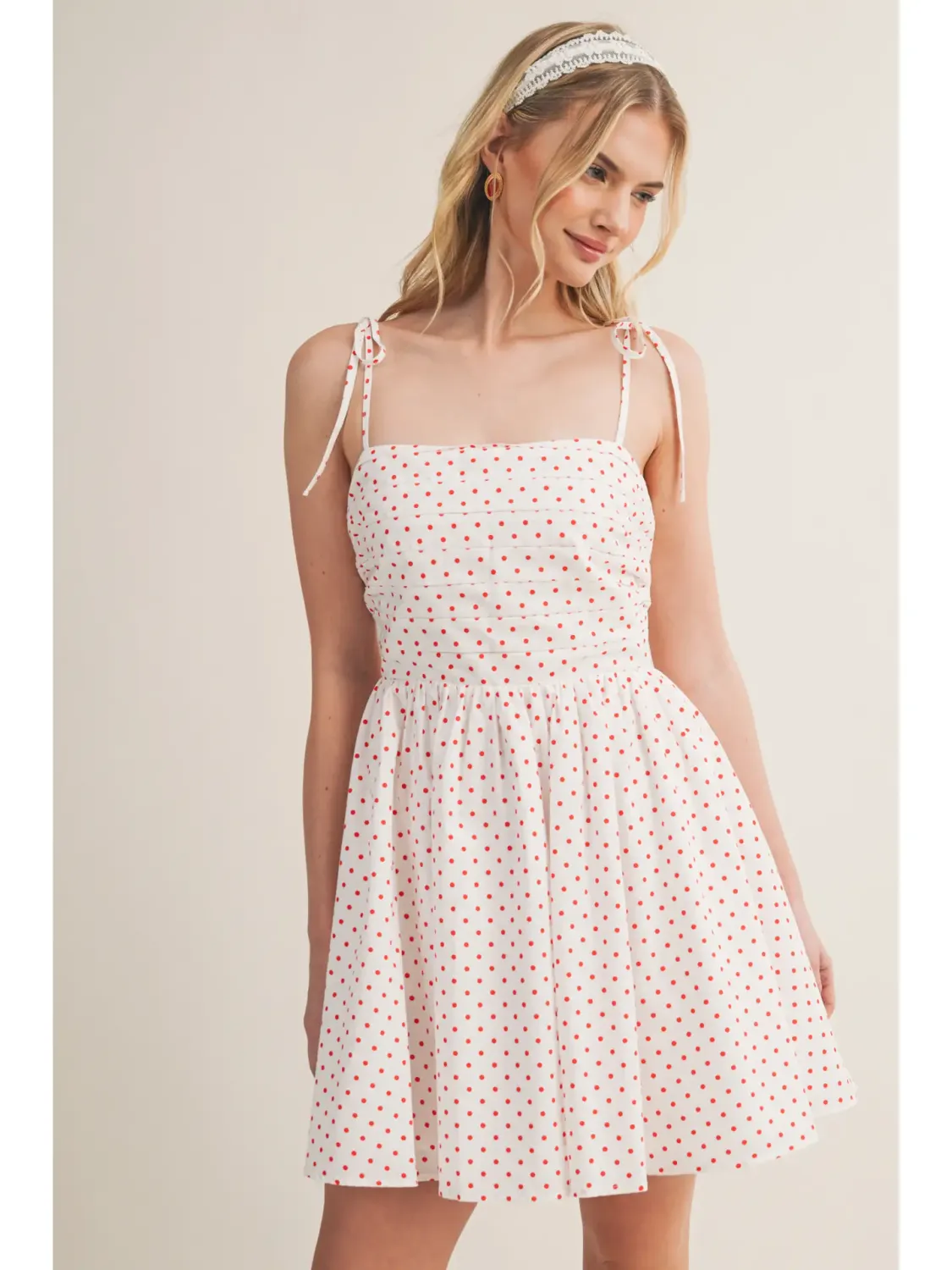 White Polka Dot Bodice Tie Shoulder Mini Dress