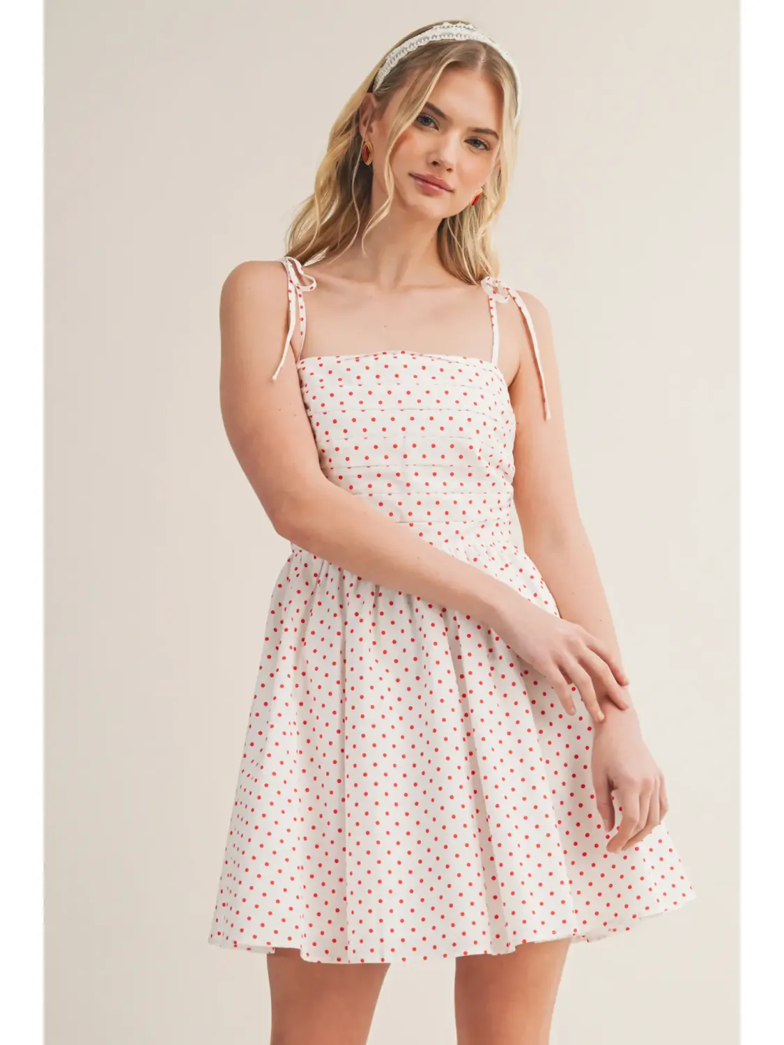 White Polka Dot Bodice Tie Shoulder Mini Dress