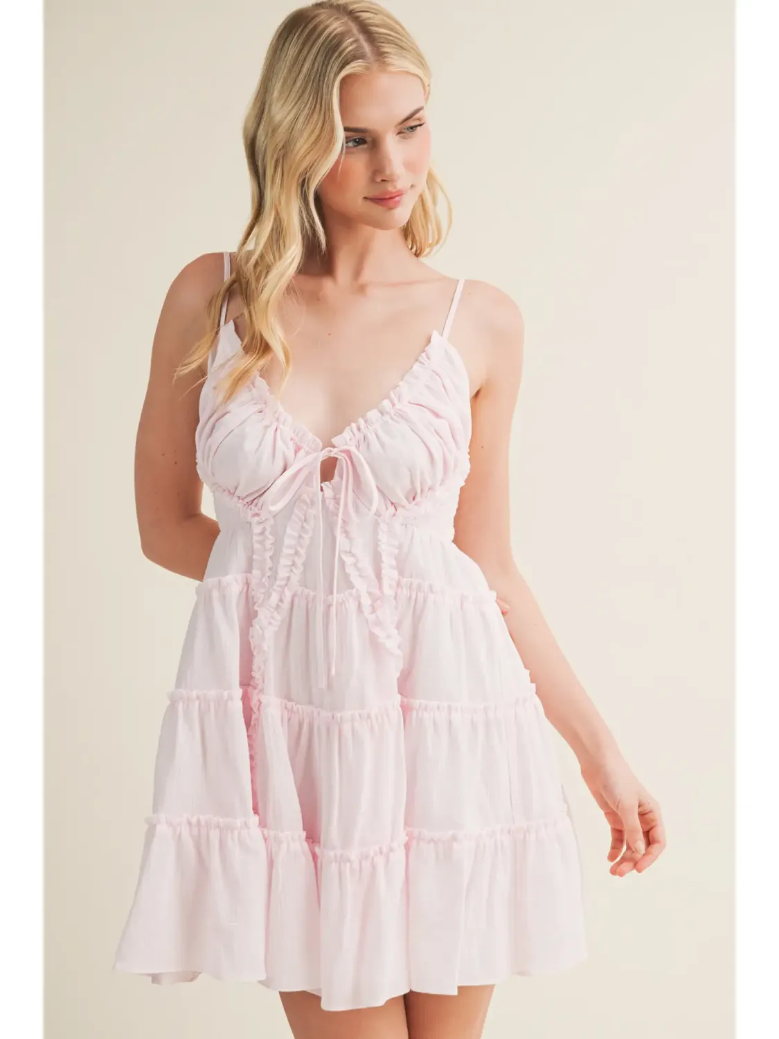 Pink Ruched Tie-Front Tiered Mini Dress