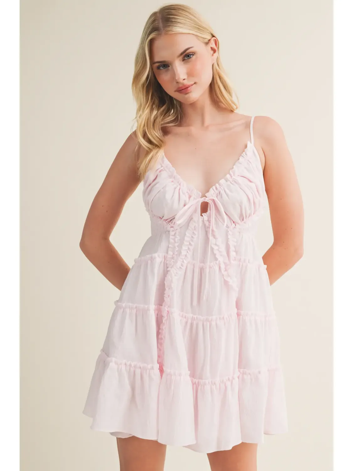 Pink Ruched Tie-Front Tiered Mini Dress