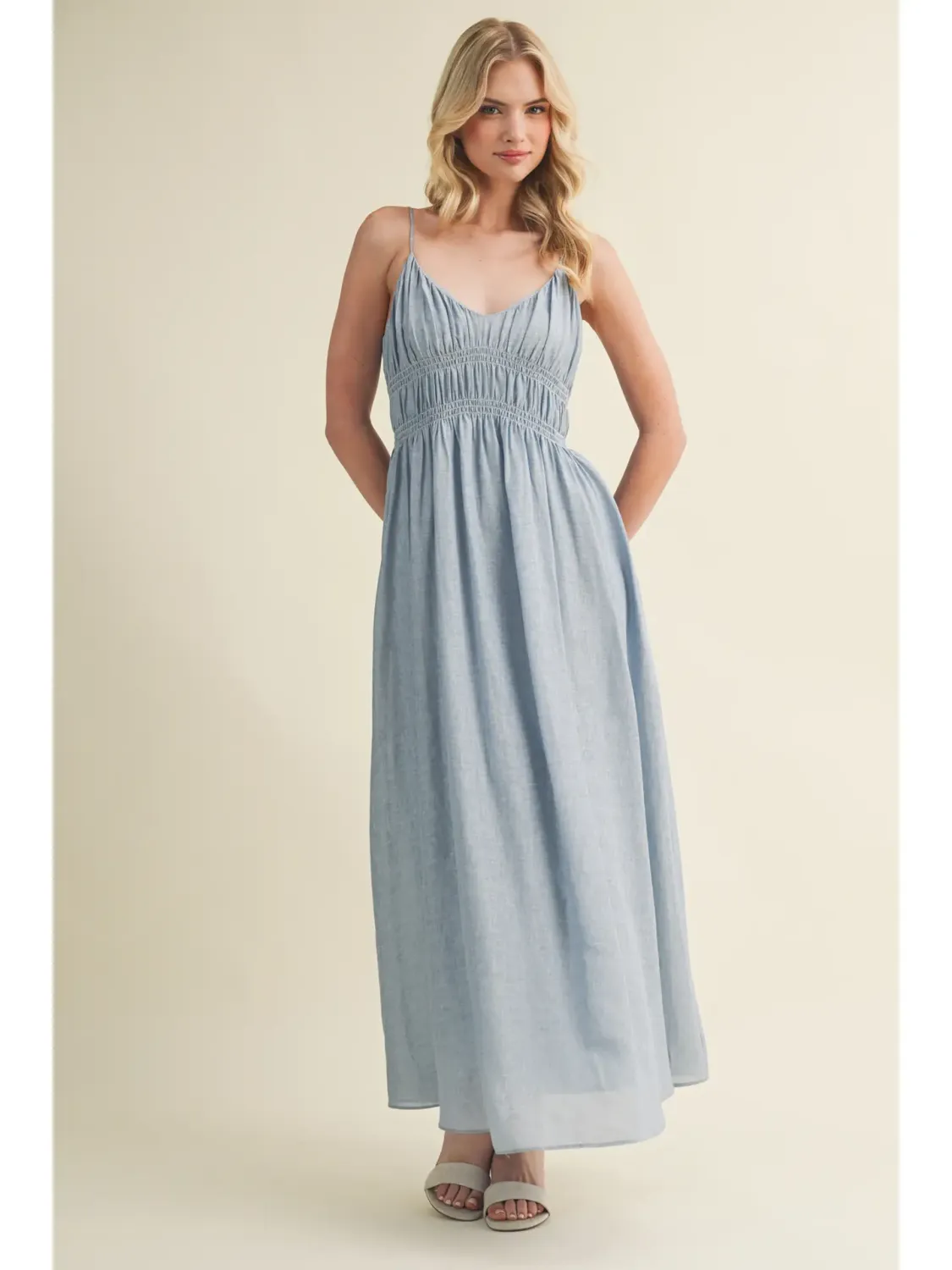 Denim Shirred Bodice Spaghetti Strap Maxi Dress