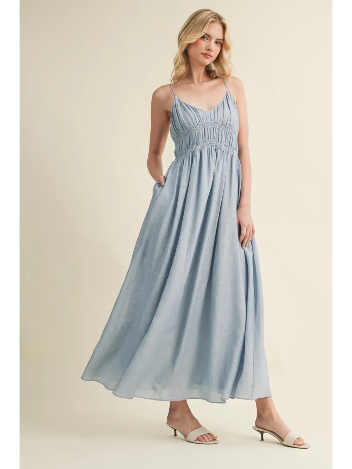Denim Shirred Bodice Spaghetti Strap Maxi Dress